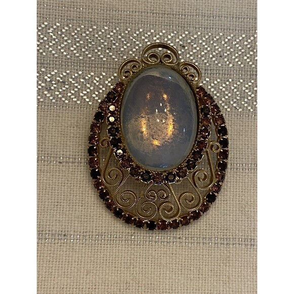Vintage Glass Moonstone Purple Rhinestone Brooch Pin - Picture 7 of 9